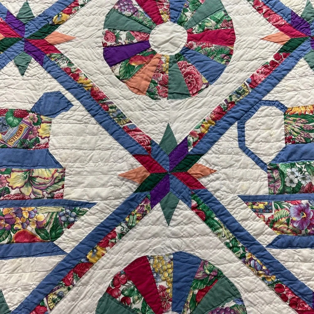 Vintage Hand Stitched Patchwork Quilt 86x80 Dresden Plate Teapot Appliqué Flaw